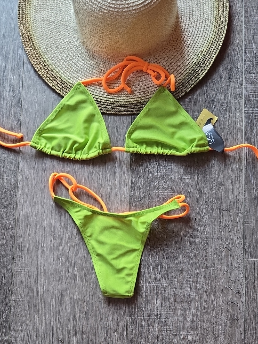 NWT Neon Lime Triangle Bikini with Orange Straps Thong - Women Swim. Med